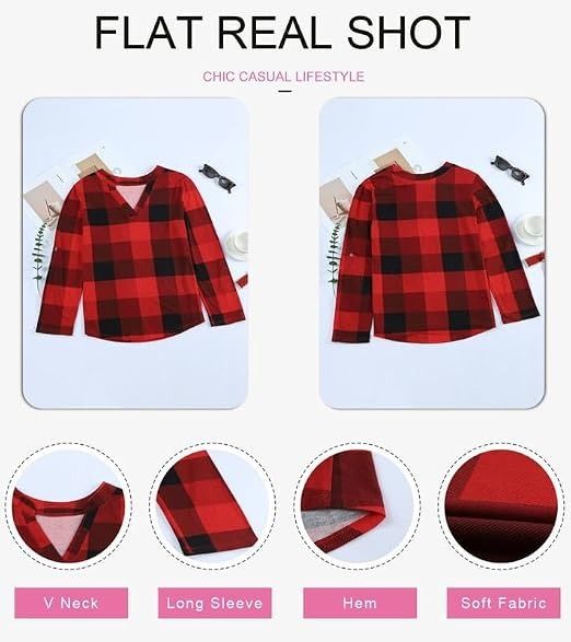 Red And Black Checkered Long Sleeve V-Neck Top image 5